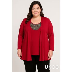 Cha Cha Vente Plus Red 2-in-1 Embellished Long Sleeve Top Attached Cardigan over